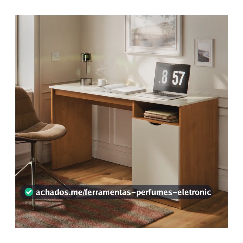 Escrivaninha Para Computador 115cm Com Porta E Nicho Mesa Home Office Escritório Quarto Estudo Notebook Moderna Canela Off White