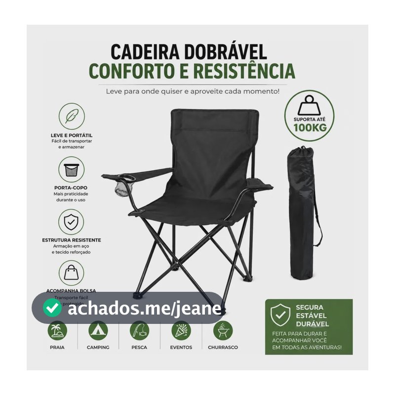 Cadeira De Pesca Dobrável Com Apoio De Braço E Porta Copos Cor Preto B&G SHOPPING