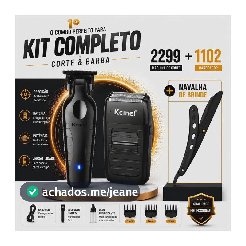 Kit Máquina De Cortar Cabelo Acabamento Shaver Barbeador Kemei 2299 E Kemei 1102 Sem Fio