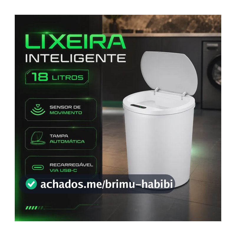Lixeira Automática Inteligente 18 Litros Redonda Cor Branca com Sensor Infravermelho Tampa Touchless Recarregável USB Anti Odor para Cozinha e Banheiro