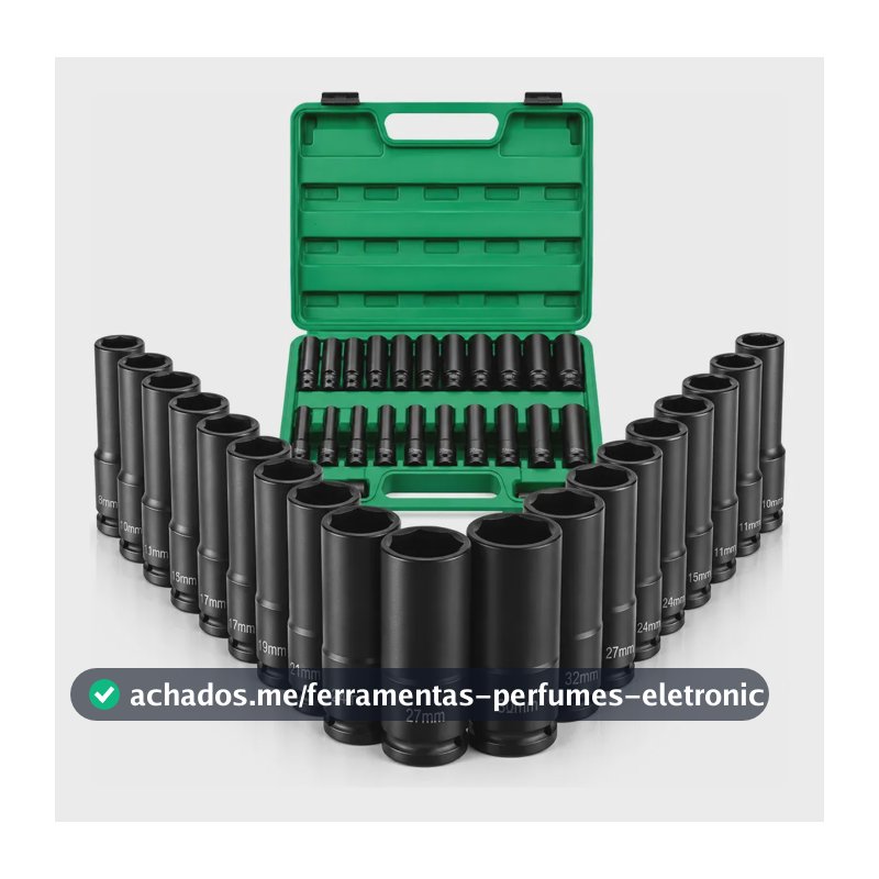 Jogo Soquete Longo Sextavado Impacto 1/2 8 A 32 Mm 15pcs Preto vlx jogo Soquete Longo Sextavado Impacto 1/2 8 A 32 Mm 15pcs