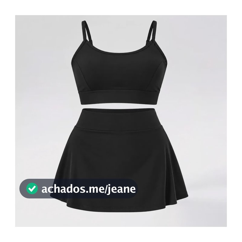 Conjunto Fitness Plus Size Top Short Saia Academia Feminino Preto G2 (46/48)