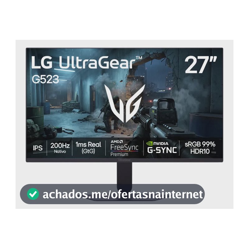 LG UltraGear Monitor Gamer 27" IPS 200Hz, 1ms (GtG), Full HD (1920x1080), HDR10, NVIDIA G-SYNC AMD, FreeSync Premium, sRGB 99%, Preto - 27G523B