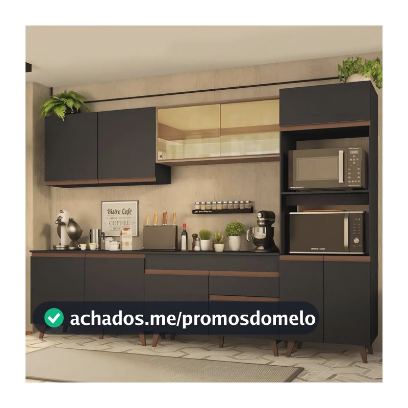 Armário de Cozinha Completa Modulada Madesa Reims Com Armário E Balcão para Cooktop Cor Preto e Rustic GRRM310001D8