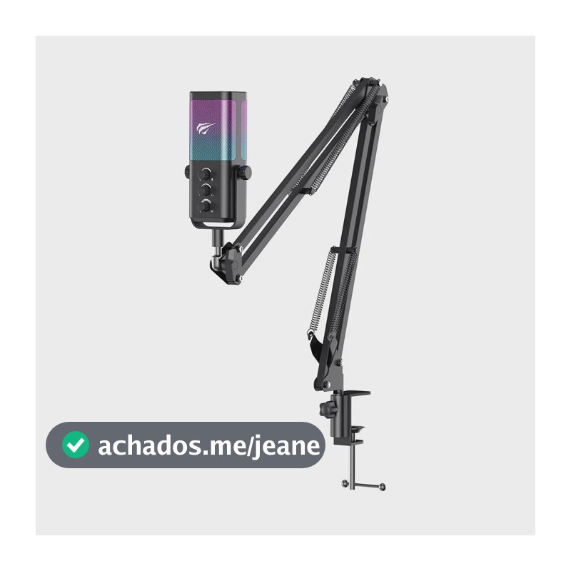 Microfone Gamer Condensador Havit GK65 Pro Cardioide USB com Boom Arm RGB e Cancelamento de Ruído