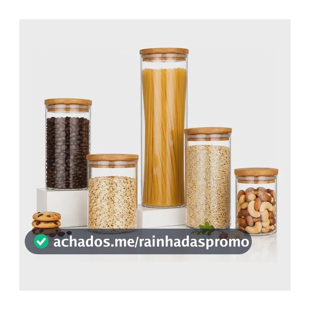 Kit 5 Potes Mantimentos Vidro Herméticos Com Tampa Bambu Alta Resistência Epsilon
