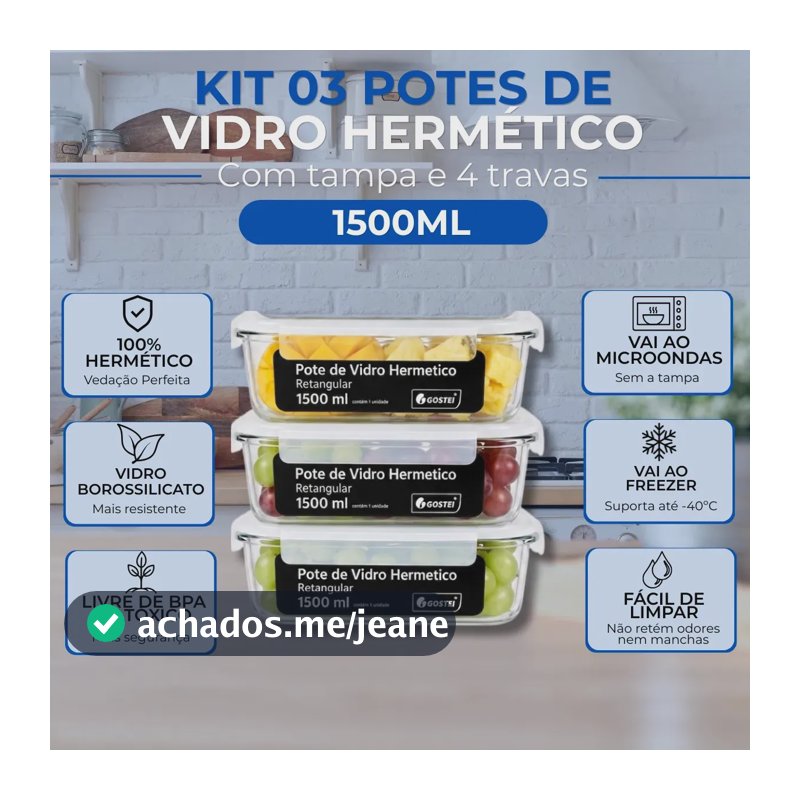 Kit 3 Potes Herméticos de Vidro 1500ml com Tampa e Travas para Mantimentos