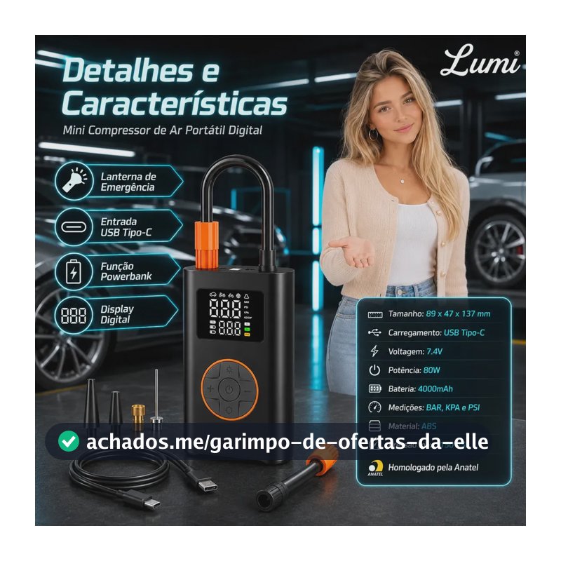 Compressor de Ar Digital Portátil Lumi, Sem Fio, Para Carro e Moto