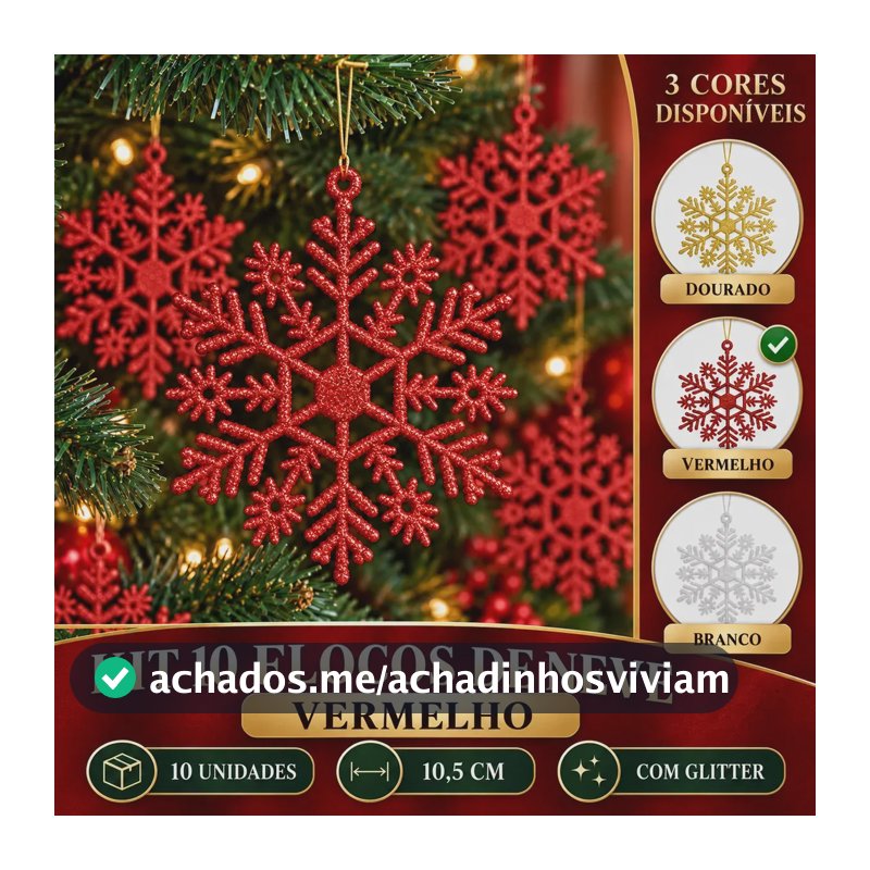 Flocos De Neve 10 Pingentes Grande C/ Glitter Decoração Enfeite Árvore Natal Luvinco Vermelho