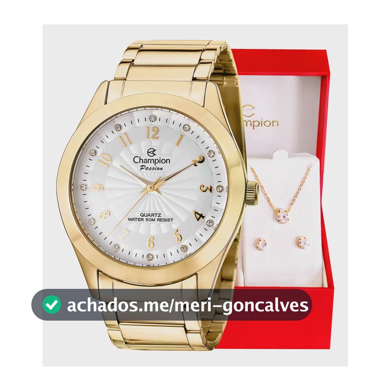 Relógio Feminino Champion Analógico CN29409D 40 Milímetros Dourado com Pulseira em Aço Inoxidável e Kit Colar e Brincos Prova D´Agua 50m