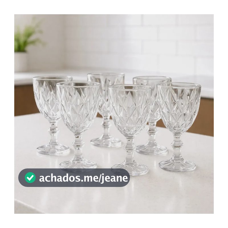 Jogo 6 Taças Diamond Transparente 340ml Vidro Diamante Mesa Transparente