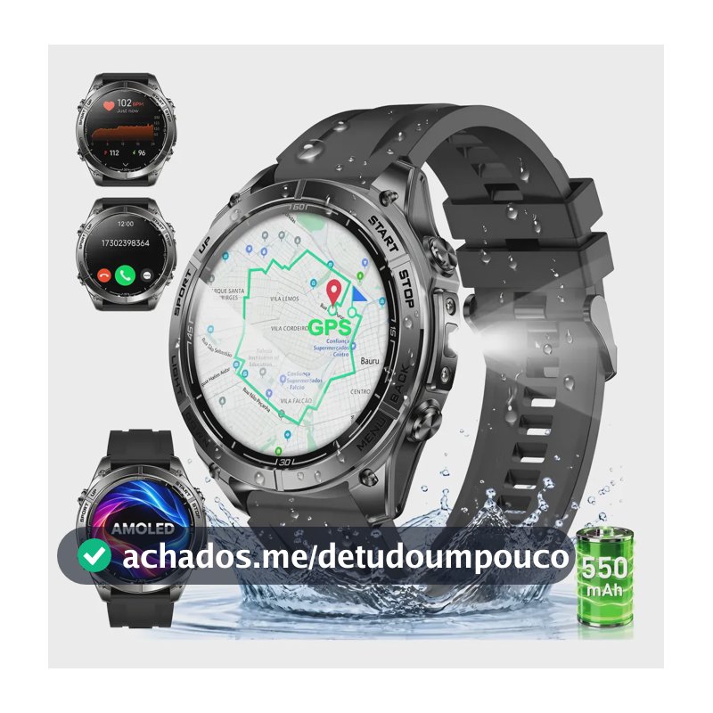 Relógio Inteligente Smartwatch Gps 5atm Amoled Mapas Offline Branco Smartwatch Esportivo À Prova D'água Com Gps Para Aventuras Ao Ar Livre Preto