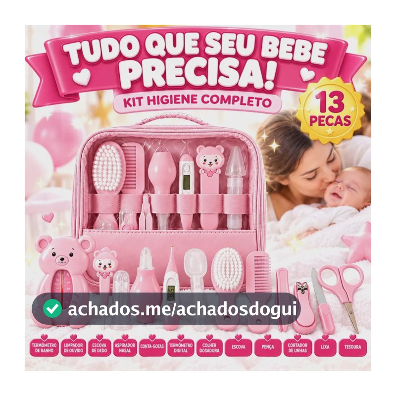 Kit Higiene Cuidados Bebê Rosa Recém Nascido Completo 13 Peças Bolsa Maternidade Termômetro Digital Aspirador Nasal Escova Pente Cortador De Unha Azul Menino Chá De Bebê Presente Louis Riel Acustico