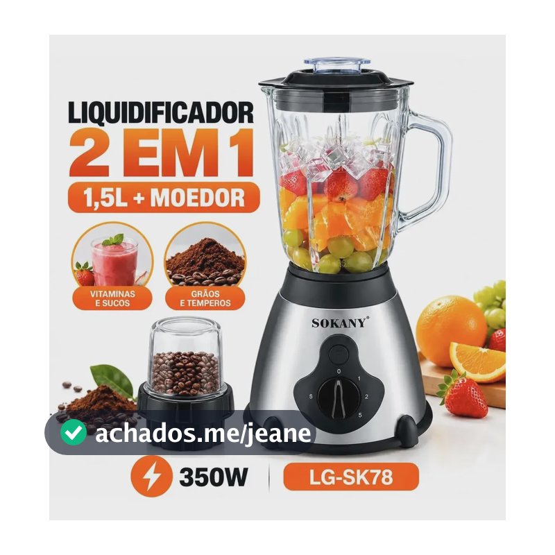 Liquidificador Moedor Grãos 2 Em 1 Jarra Vidro 5 Velocidades Inox 110v