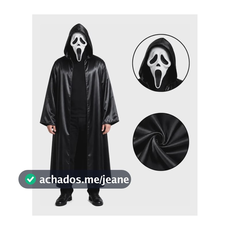 Fantasia Panico Completa Capuz Preto Máscara Amostradinho Fantasia Completa