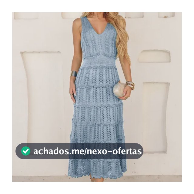 Vestido Midi Feminino Tricô Verão Crochê Babados Festa Praia