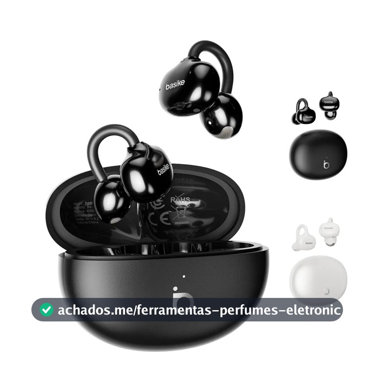 Basike Fone de Ouvido Sem Fio Ear-Clip Ba-FON349 Bluetooth 6.0 , Cancelamento de Ruídos, Estéreo, Bateria 30H, IPX5 Á Prova de Água, Ergonômico e Confortável, Música e Ligações