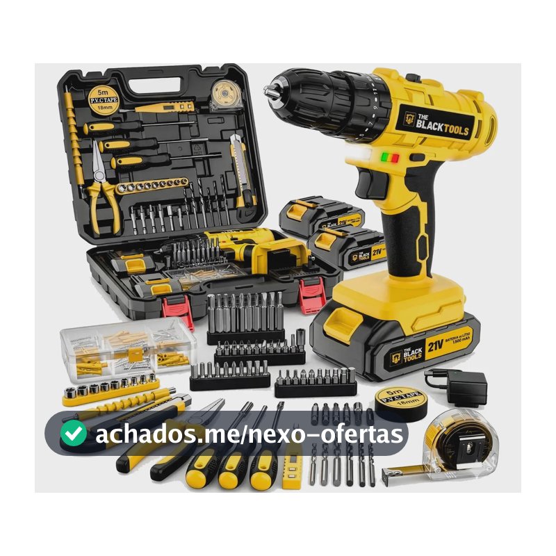 Furadeira Parafusadeira de Impacto The Black Tools TBKIT20 Bivolt 2 Baterias Kit 134 Peças