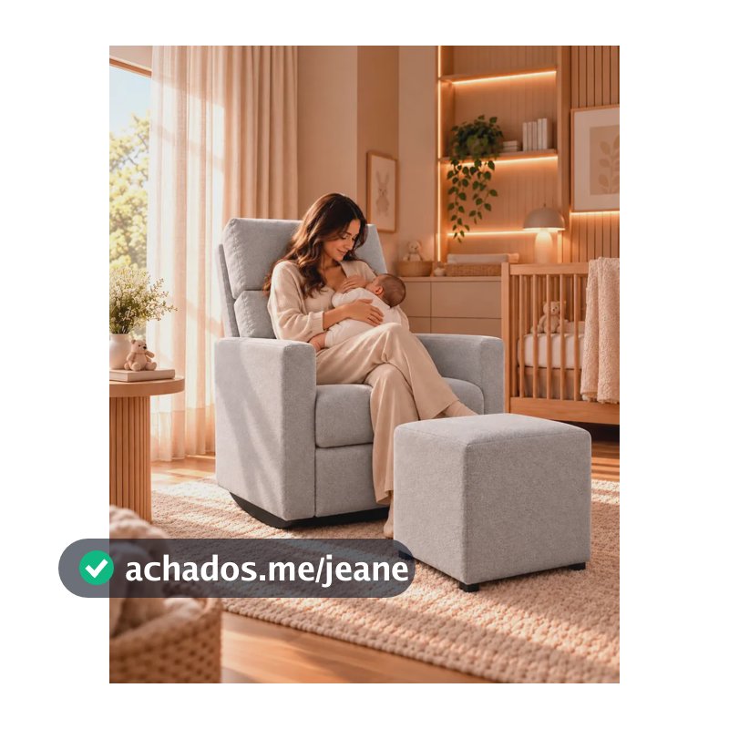 Poltrona De Amamentação Com Puff De Balanço Sala E Quarto Cinza Claro Bouclê