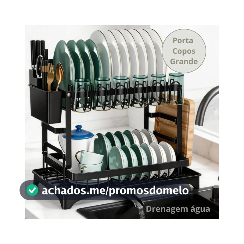 Escorredor de Louças 2 Andares Zelvi Aço Carbono Preto para Pratos Copos Talheres Organizador Pia Cozinha