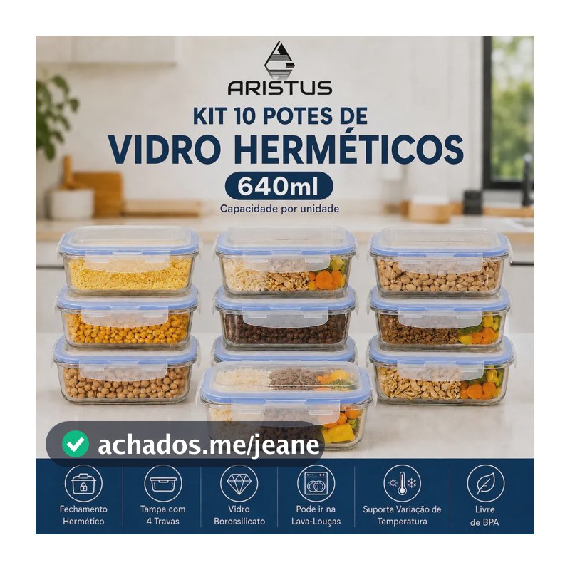 Kit 10 Potes Vidro Hermético Aristus 640ml Marmita Anti Vazamento Forno Micro-ondas Freezer Tampa 4 Travas - Azul