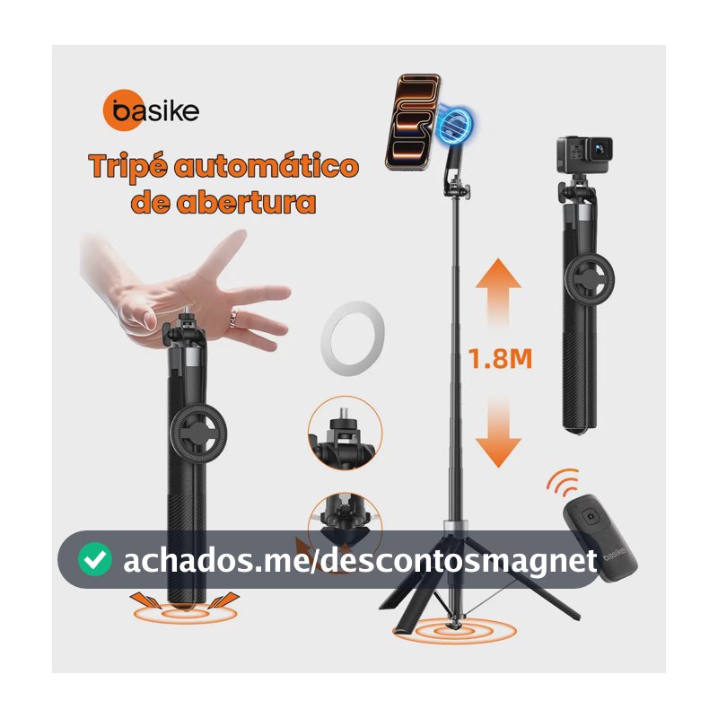 Basike 1.8m Tripé Magnético Autoabre, Tripé Celular Universal portatil com Controle Remoto Bluetooth, anel magnético adesivo E Rosca 1/4, Bastão De Selfie para Celular,Câmera E Gopro