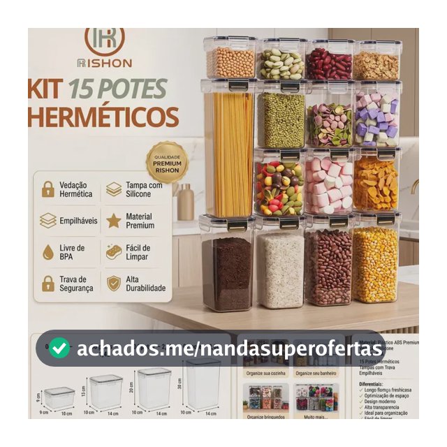Kit 15 Potes Hermético Cadencia Mantimentos Retangular Cozinha Branco Rishon 22,4 Litros