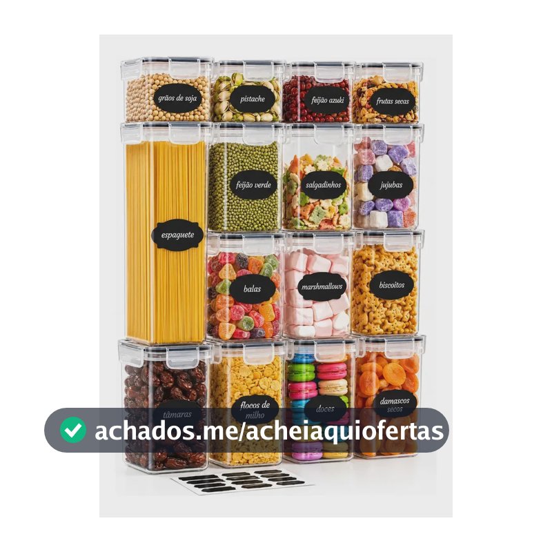 Kit 15 Potes Herméticos Empilháveis Quadrados para Mantimentos e Organização da Cozinha com Tampa e Vedação de Silicone Branco Shokki