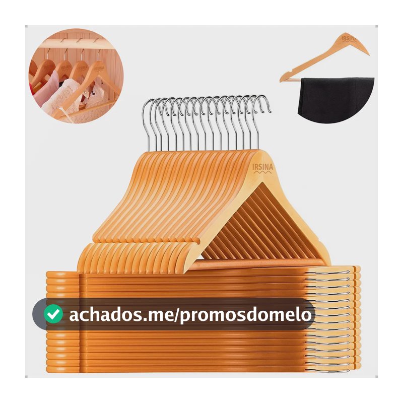 Kit 30 Cabides de Madeira Antiderrapantes IRSINA com Gancho Giratório