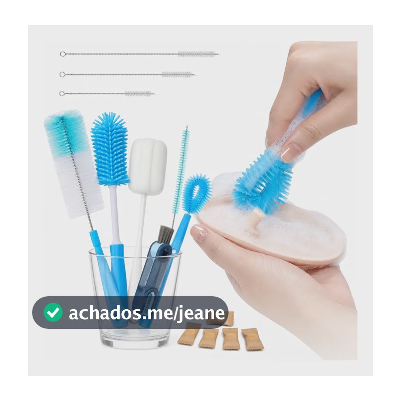 Kit 9 Escovas Limpeza De Copo E Canudos Escovinha Higiênica Azul Celeste