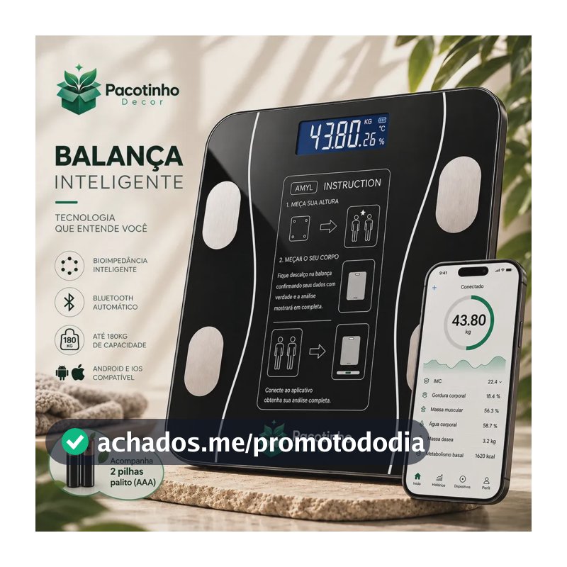 Balança Digital Smart Bioimpedância 180kg Bluetooth IMC Corporal App Android iOS Pacotinho Decor