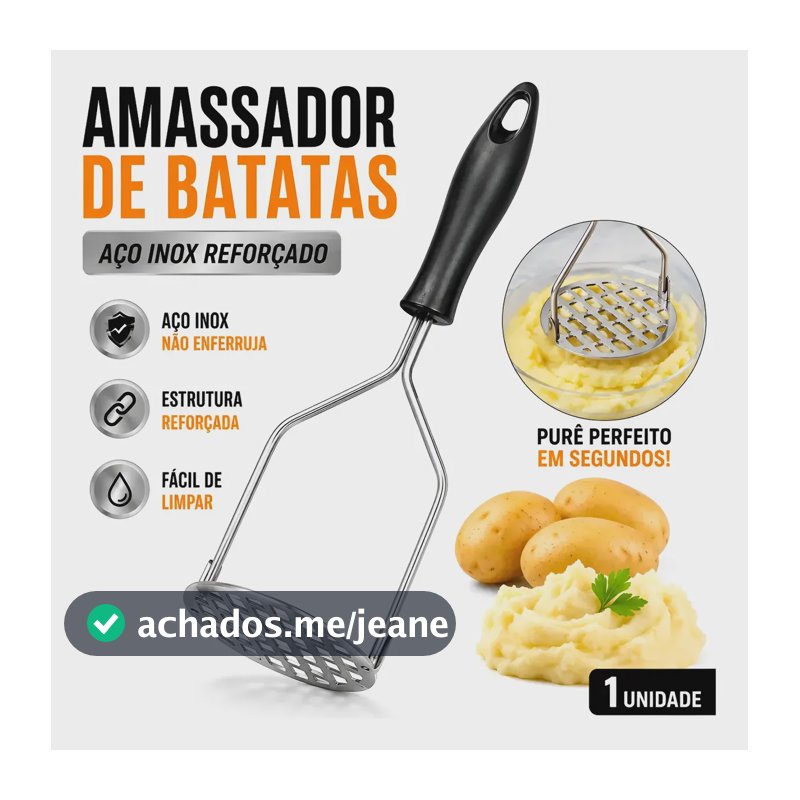 Amassador De Batatas Inox Legumes Feijão Tomate Espremedor Preto