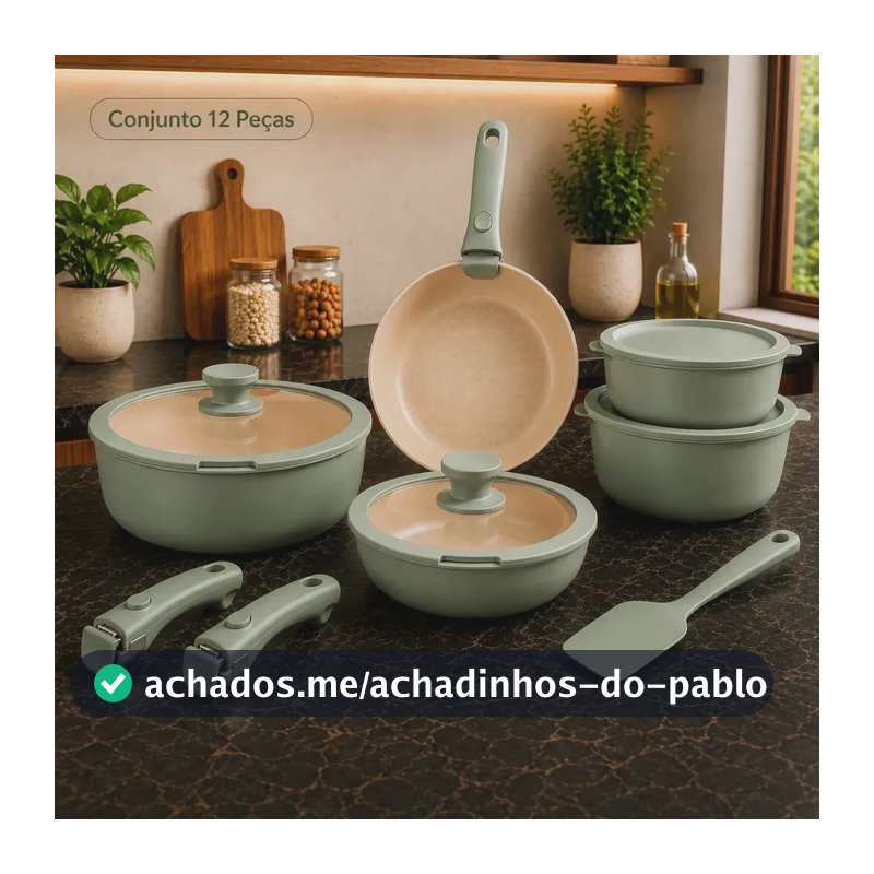 Conjunto De Panelas Kit 12 Peças Premium Revestimento Verde Salvia