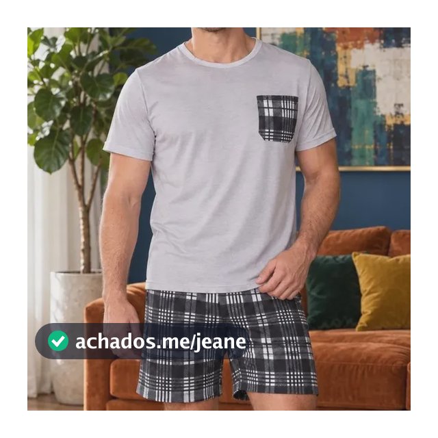 Pijamas De Verão Camisa E Bermuda De Malha Xadrez Masculino