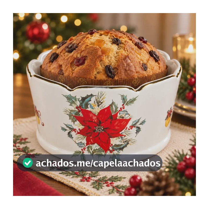 Porta Panetone Natal Médio Branco Flor Rosa Filetado Ouro Branco
