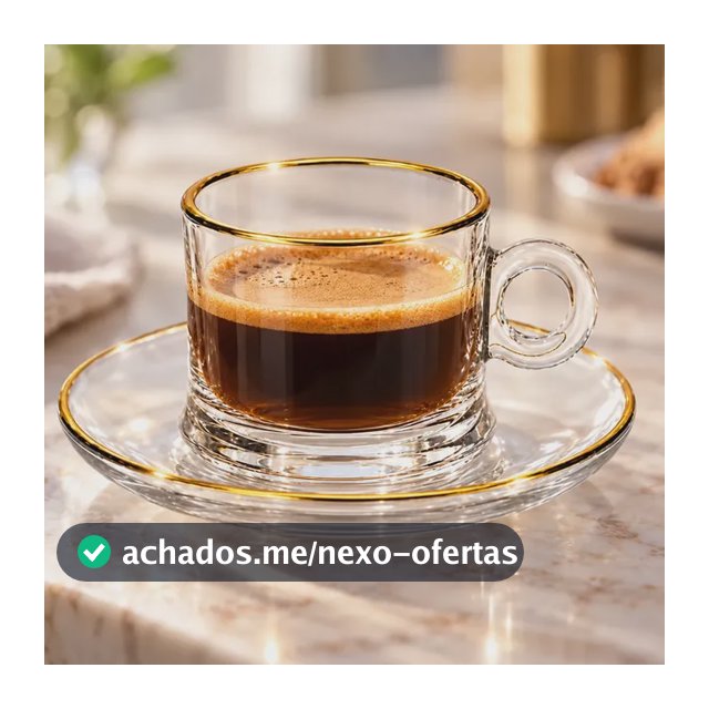 Jogo 6 Xícaras Café Chá Vidro 80ml Pires Borda Dourada Dourado Liso Liso