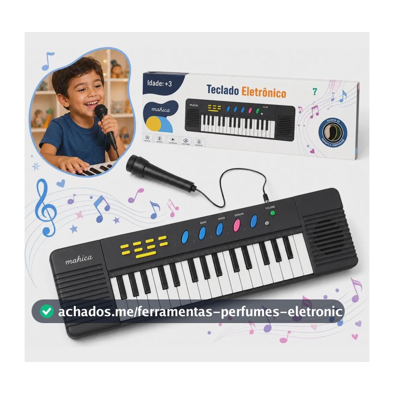Teclado Infantil 32 Teclas com Microfone Karaokê Teclado Musical Infantil Piano de Brinquedo Educativo para Crianças a Pilha 47cm Preto Kizumba