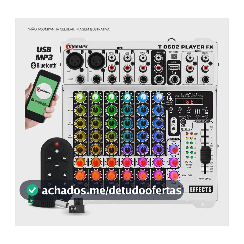 Mesa De Som Taramps T-0602 Player Fx Multicolor De 6 Canais Com Bluetooth 78 Efeitos Rgb
