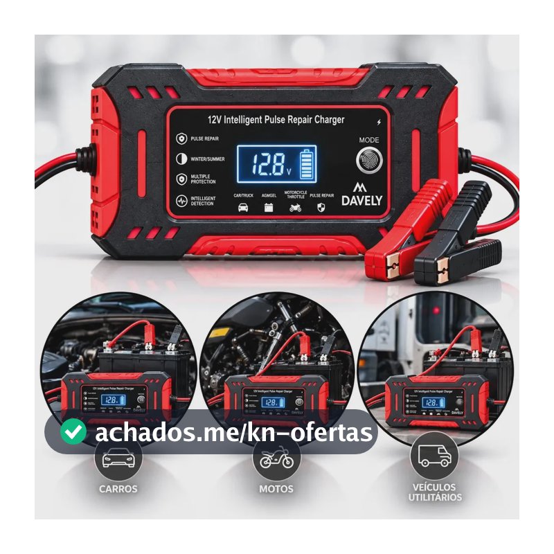 Carregador de Bateria 12V 6A Bivolt Inteligente Carro Moto Caminhão Automotivo 4Ah a 100Ah com Função Reparo Display Digital Proteção