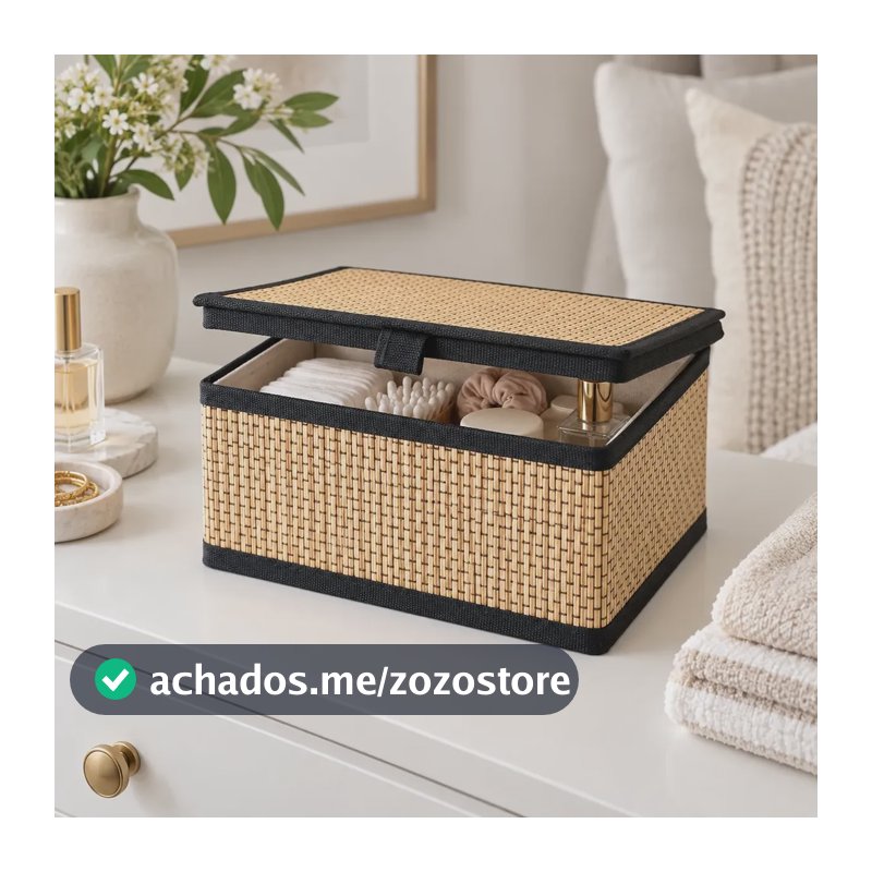 Cestos Caixa Organizadora De Bambu 24x18 Com Tampa E Forro P Preto