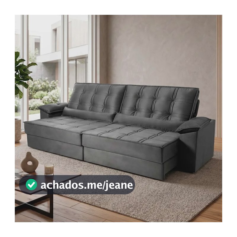 Sofá Retrátil Reclinável 2,30m Ascari Velut Cinza C/ Molas