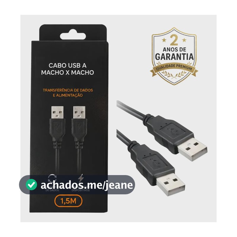 Cabo USB Tipo A Macho x Macho 1,5 Metros Para Transmissão de Dados Equipamentos Eletrônicos Conexão Entre PC Notebook Hub Preto RR88