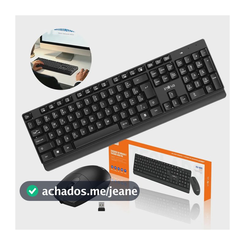 Teclado e Mouse Sem Fio Inova layout ABNT2 107 Teclas 2.4g de Usb silencioso combo e mouse para PC e Notebook Windows mac Plug and play com teclado numérico Trabalho Estudos Home Office Preto