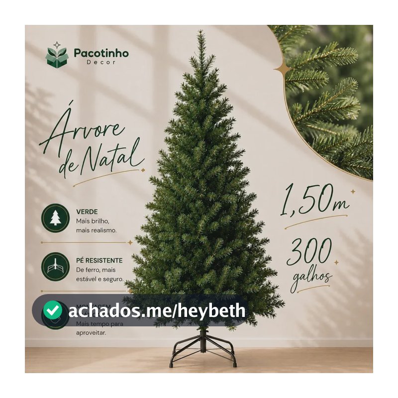 Árvore De Natal 1,50m 300 Galhos Verde Base Metal Pinheiro Canadense Pacotinho Decor