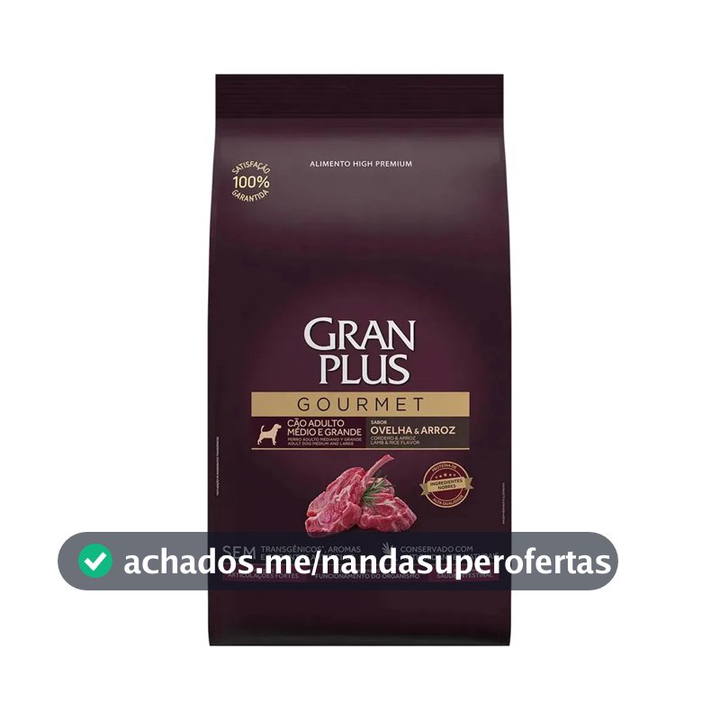 Gran Plus Gourmet Alimento para cão adulto de raça média e grande sabor ovelha e arroz em sacola de 15kg
