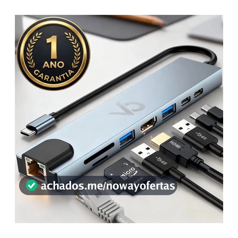 Adaptador Hub Usb Com 8 Portas Rj45 Hdmi Usb 3.0 E 2.0 Tipo C Micro Sd Cartão Ethernet Cabo Thunderbolt Dock Station Dex Macbook Air M1 M2 iPad Type C Tablet Computador Pc Notebook Extensor Voxo