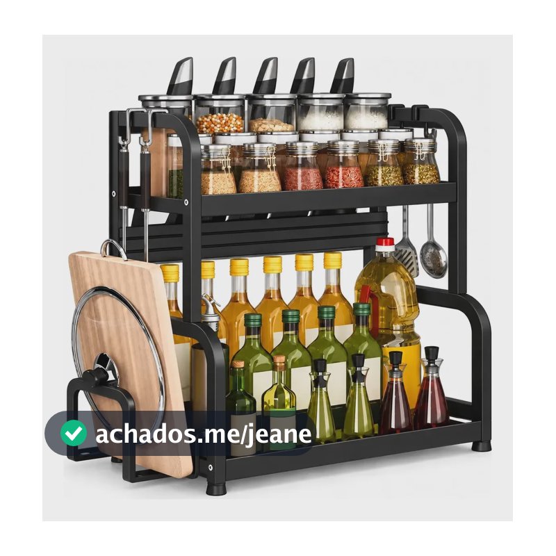 Prateleira Tempero Organizador De Cozinha Porta Condimentos Preto - Comp. 50 Cm 2 Andares