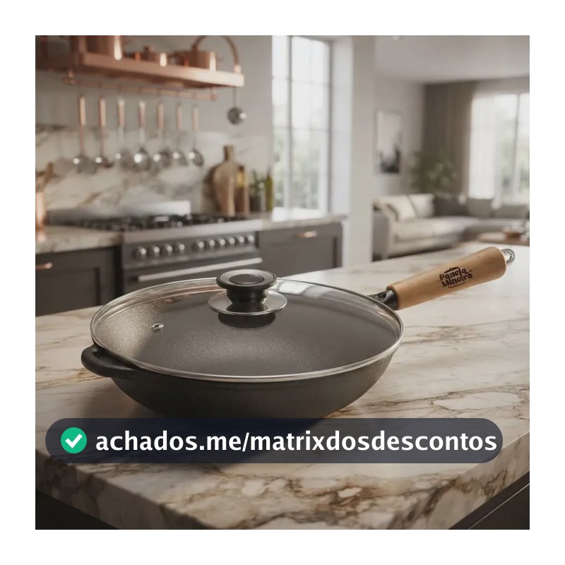 Frigideira Ferro Wok Master Tampa Vidro 28 Panela Mineira Preto