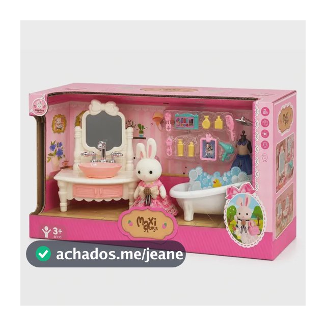 Casinha Boneca Coelho Brinquedo Infantil Mini Cenários Móveis Acessórios Coleção HopJoy Maxi Toys - Hora do Banho