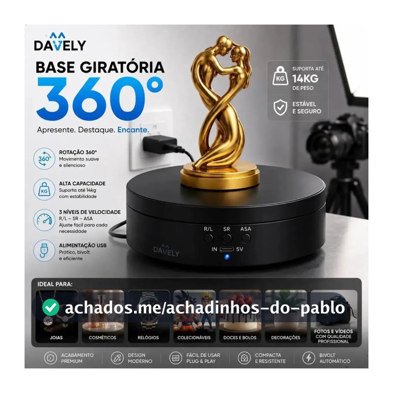 Suporte Giratório Preto 360° Fotografia E Exposição 1.4kg Base Para Fotografia Ou Exposição Joias Produtos Esculturas Doces E Bolos Giratório Com 3 Níveis De Velocidade Marca Davely